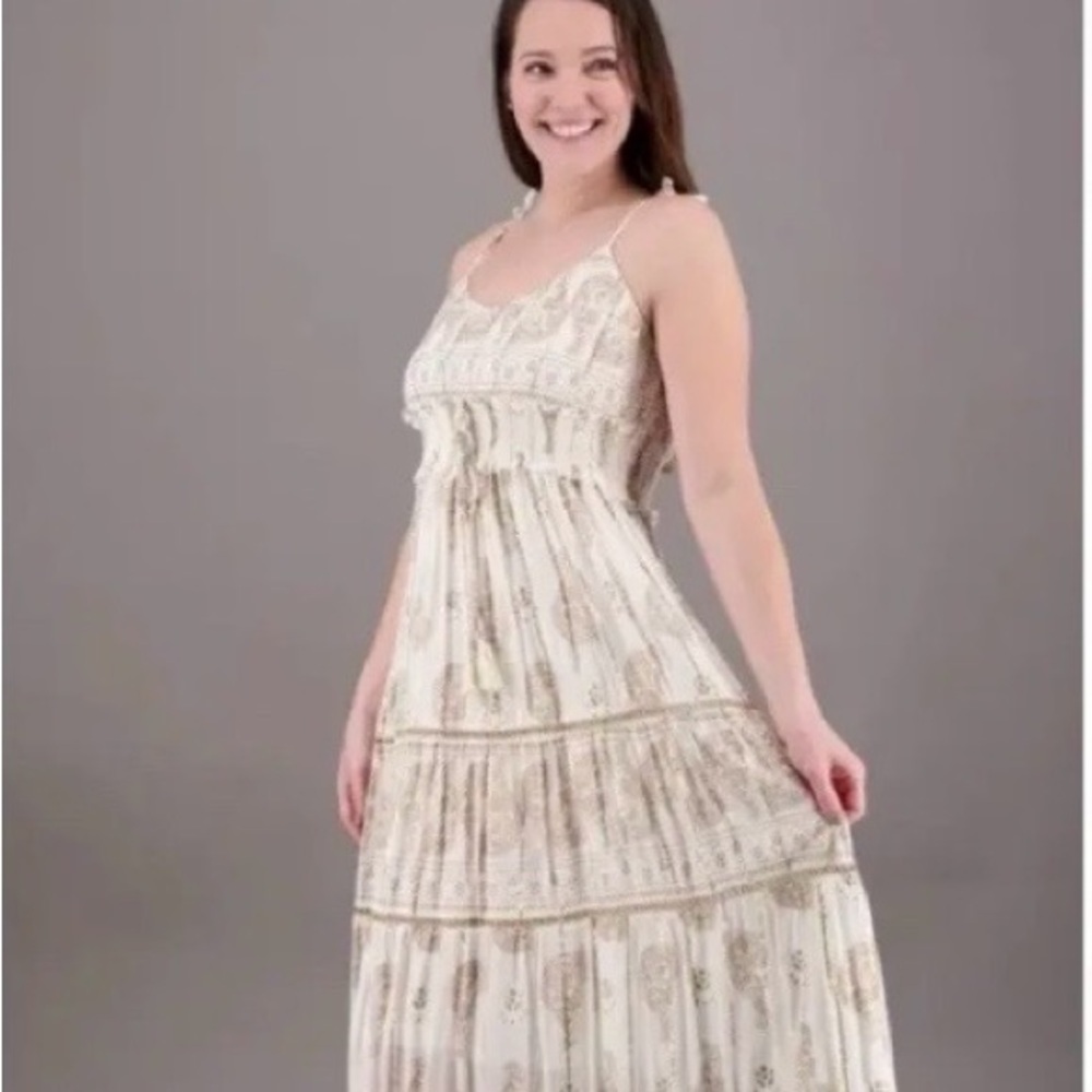 Anthropologie Cream and Tan Maxi Dress